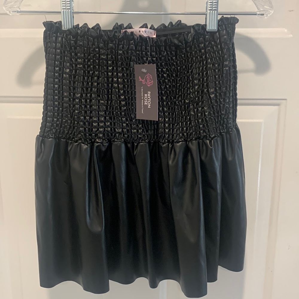 Blue Blush- medium black pleather smock skirt